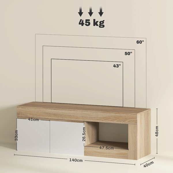 HOMCOM Dulap pentru TV de 60" cu Dulăpior, 2 Uși și Raft Deschis, Mobilier TV din Lemn, 140x40x48 cm, Lemn Natural | Aosom Romania