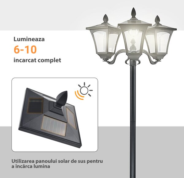 Outsunny Felinar de Grădină Led cu Energie Solară, Lampa solara gradina,51.5 × 47 × 182.5cm, Negru | Aosom Romania