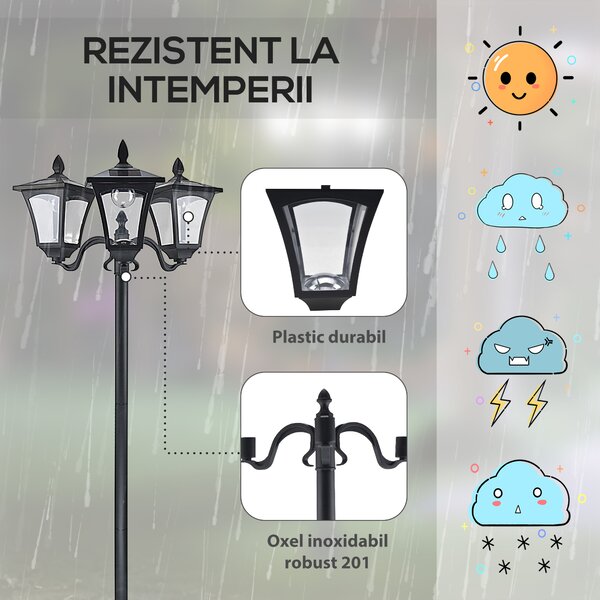 Outsunny Felinar de Grădină Led cu Energie Solară, Lampa solara gradina,51.5 × 47 × 182.5cm, Negru | Aosom Romania