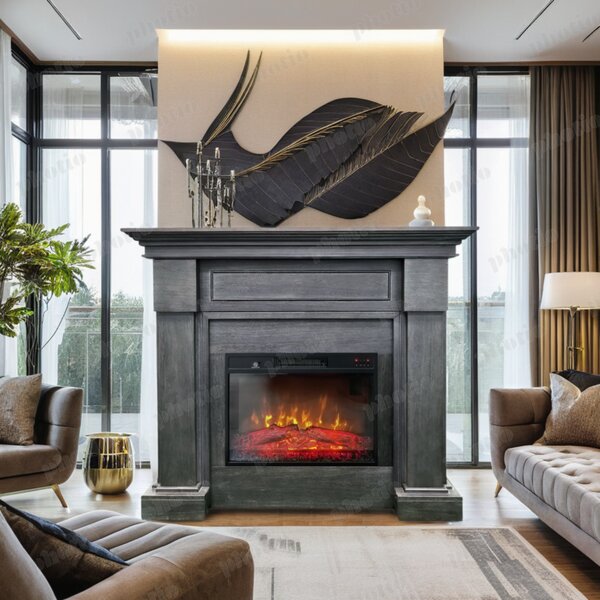 Semineu electric decorativ ElectricSun MONTENEGRO gri, cu incalzire, sunet, 3 culori, cu APP internet, L127xH107cm