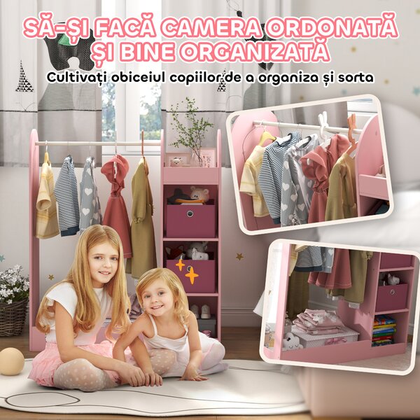 AIYAPLAY Cuier pentru Copii cu Rafturi, Cutii și Oglindă, Mobilier pentru Camera Copilului și Intrare, 92x36x106 cm, Roz | Aosom Romania