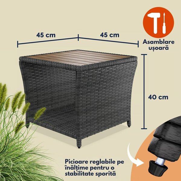 Măsuță auxiliară din poliratan ROCCO cu lemn de acacia, 40x45x45cm, maro/gri Casaria