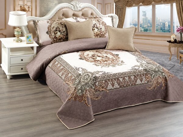 Cuvertura catifea matlasata, model ornamental bej-maro, 5 piese, 230 x 250 cm