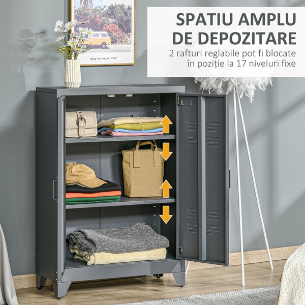 Dulapior Multifunctional cu 2 Usi Stil Industrial, Dulapior Metalic pentru Casa si Garaj - Gri, 75x33x110cm HOMCOM | Aosom RO