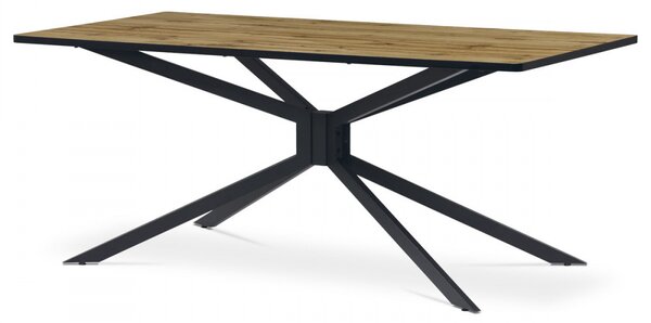 Masă de dining modernă în culoarea stejarului. Dimensiuni: 180x90x75 cm, blat MDF, structură și picioare din metal negru mat HT-885 Din stoc intern