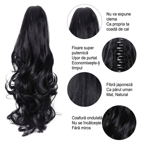 Coadă de cal sintetică, ondulată, cu clemă-clește ascunsă, neagră