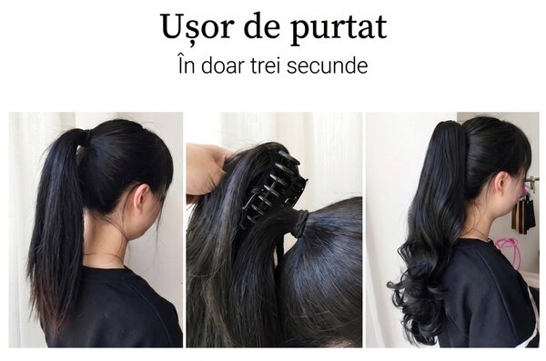Coadă de cal sintetică, ondulată, cu clemă-clește ascunsă, neagră