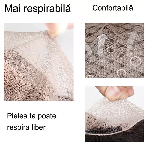 Topper de păr sintetic cu trei clipsuri, bază din plasă, șaten, pentru vârful capului