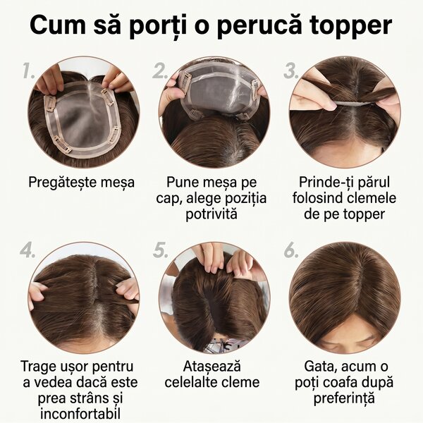 Topper de păr sintetic cu trei clipsuri, bază din plasă, șaten, pentru vârful capului