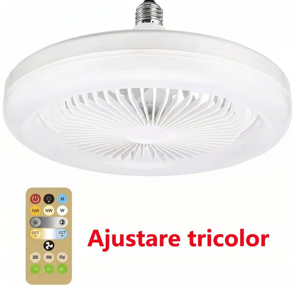 Plafonieră LED cu ventilator, dulie E27, 25 cm, telecomandă și trei nuanțe de lumină