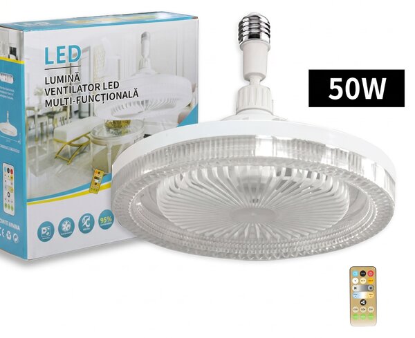 Plafonieră LED cu ventilator, dulie E27, 25 cm, telecomandă și trei nuanțe de lumină