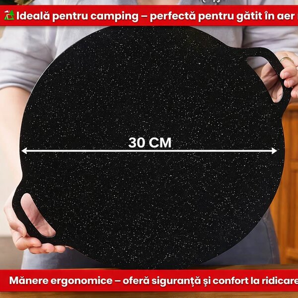 Plită rotundă antiaderentă de 30 cm, cu două mânere cu găuri, pentru aragaz și camping