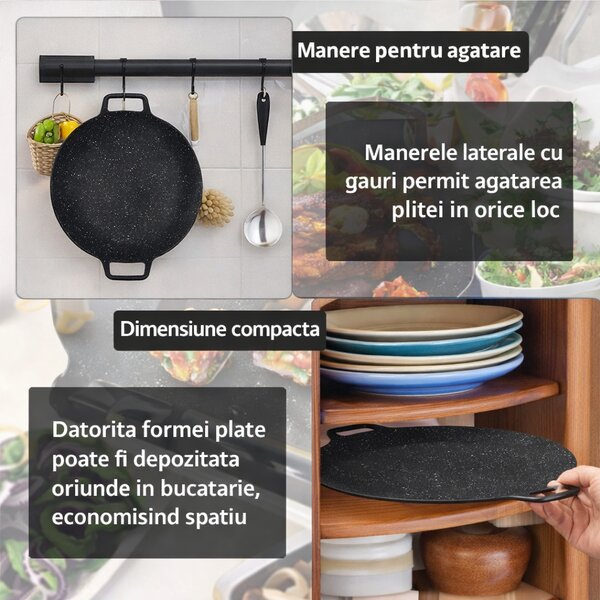 Plită rotundă antiaderentă de 30 cm, cu două mânere cu găuri, pentru aragaz și camping