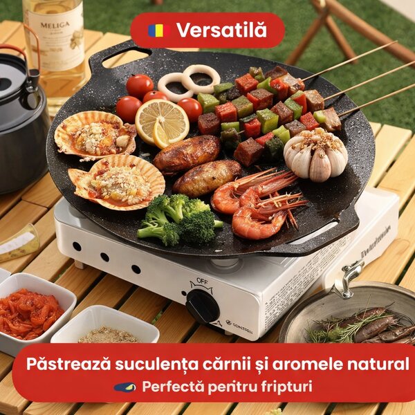 Plită rotundă antiaderentă de 30 cm, cu două mânere cu găuri, pentru aragaz și camping