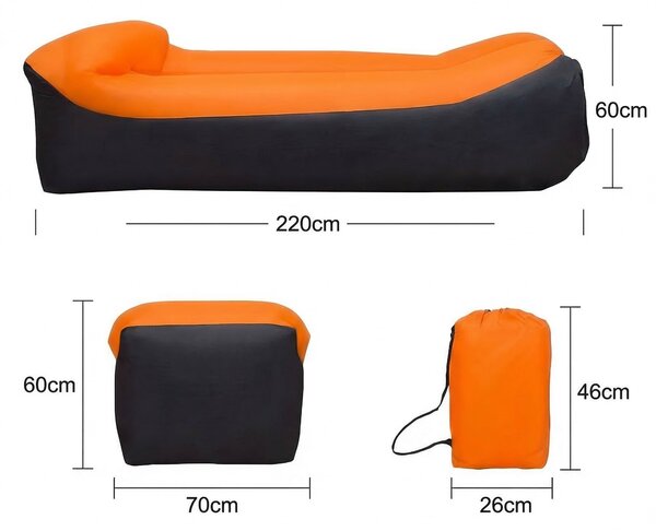 Șezlong gonflabil cu pernă și sac de transport, umflare fără pompă, 220 x 70 x 60 cm