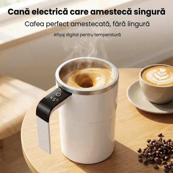 Cană cu amestecare automată, afișaj de temperatură, capac și încărcare USB-C