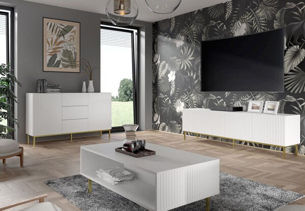 SUPORT TV RAVENNA 150 CM, ALB MAT, CU PICIOARE AURII, SUPORT TV RAVENNA B 3D