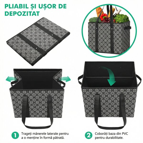 Set de 3 coșuri pliabile de cumpărături, 37 x 25 x 28 cm, 23 l, cu bază rigidă și mânere