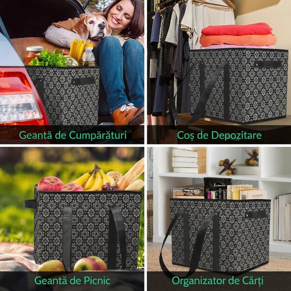 Set de 3 coșuri pliabile de cumpărături, 37 x 25 x 28 cm, 23 l, cu bază rigidă și mânere