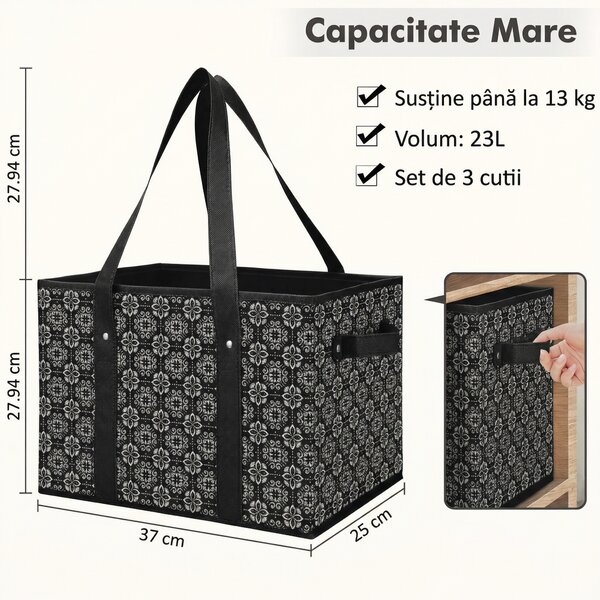 Set de 3 coșuri pliabile de cumpărături, 37 x 25 x 28 cm, 23 l, cu bază rigidă și mânere