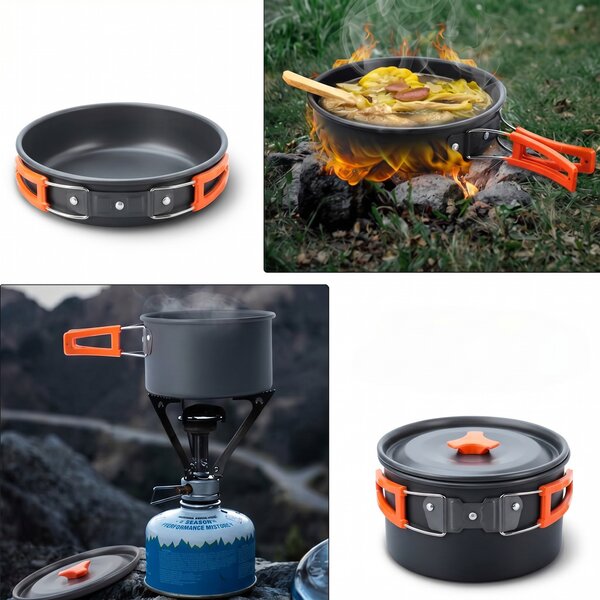 Set vase de camping din aluminiu: 2 oale cu capac, tigaie, 3 boluri și accesorii