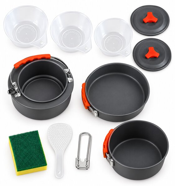 Set vase de camping din aluminiu: 2 oale cu capac, tigaie, 3 boluri și accesorii