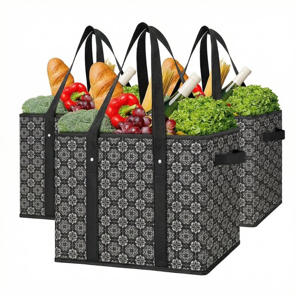 Set de 3 coșuri pliabile de cumpărături, 37 x 25 x 28 cm, 23 l, cu bază rigidă și mânere
