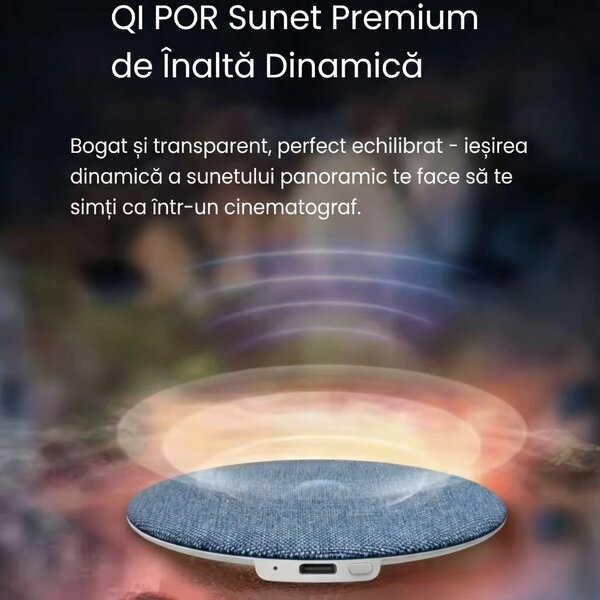 Boxă Bluetooth subțire pentru pernă, disc textil cu buton și port de încărcare pe margine