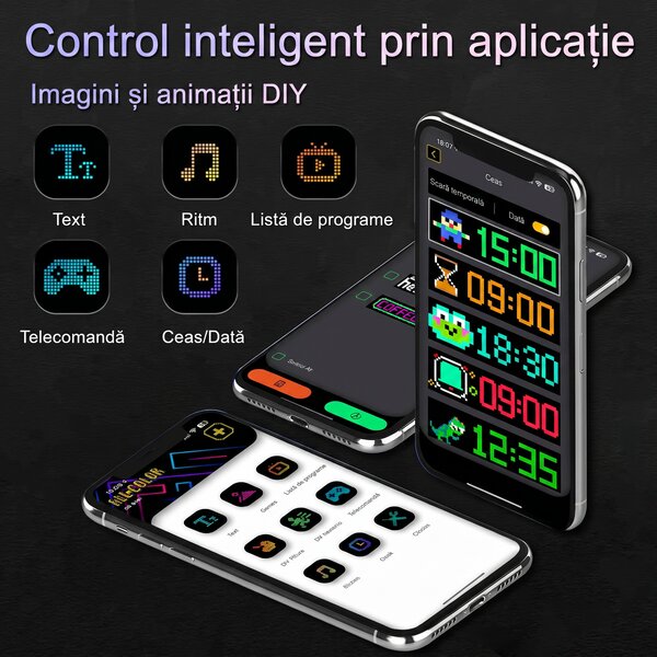 Panou LED matrice flexibil RGB, 16 x 64 puncte, 9,2 x 37,4 cm, cu telecomandă și aplicație