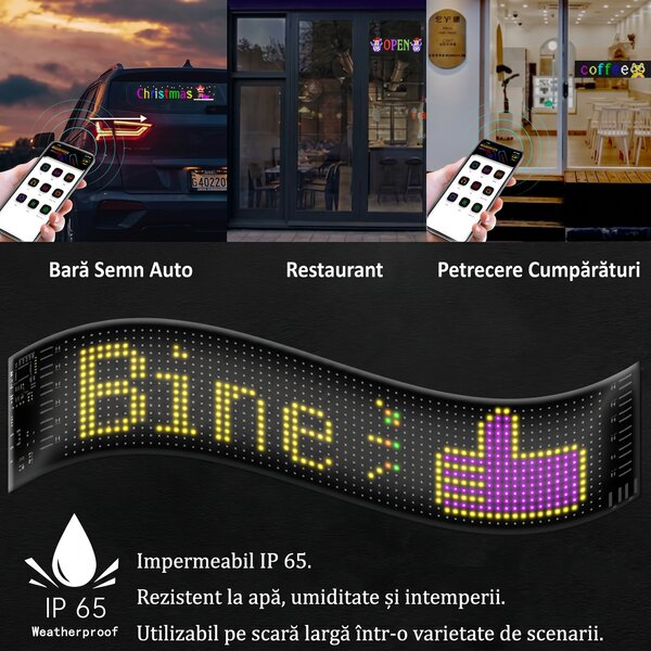 Panou LED matrice flexibil RGB, 16 x 64 puncte, 9,2 x 37,4 cm, cu telecomandă și aplicație