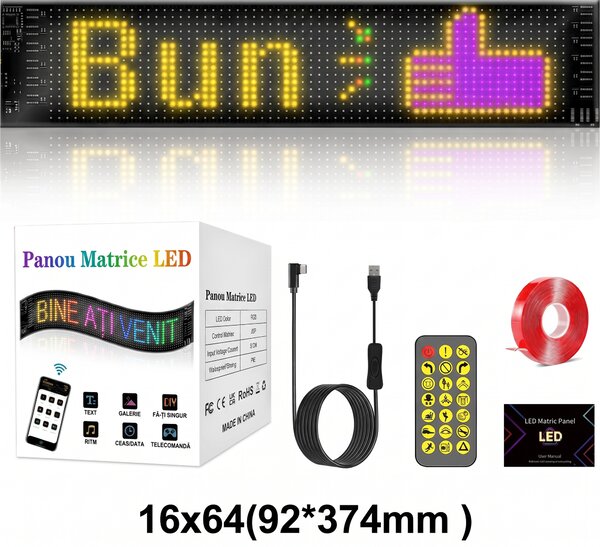 Panou LED matrice flexibil RGB, 16 x 64 puncte, 9,2 x 37,4 cm, cu telecomandă și aplicație