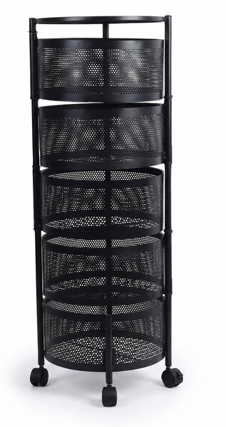 Cărucior de depozitare rotativ cu 5 coșuri metalice perforate, pe roți, negru