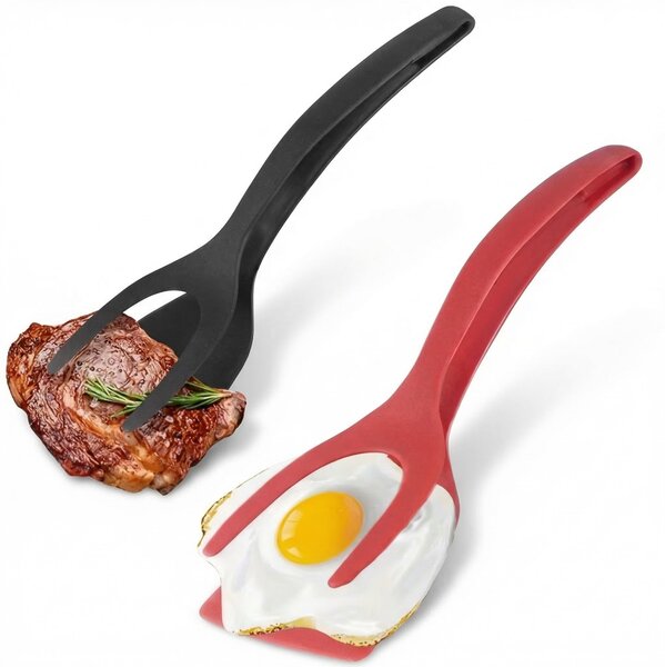 Spatulă-clește 2 în 1 pentru ouă, clătite și burgeri, cap de 12 x 8,5 cm, lungime 30,5 cm