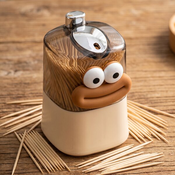 Dispenser pentru scobitori cu buton de apăsare, față zâmbitoare, 9 x 6 cm