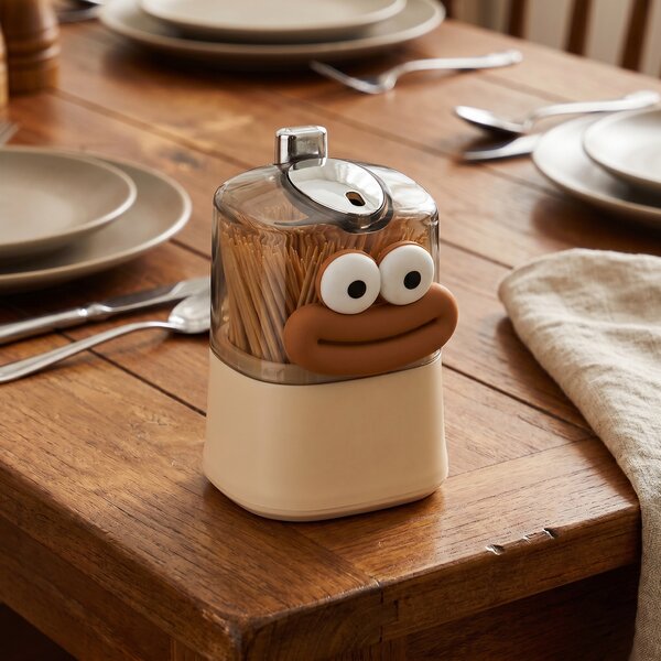 Dispenser pentru scobitori cu buton de apăsare, față zâmbitoare, 9 x 6 cm