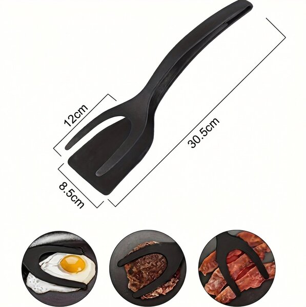 Spatulă-clește 2 în 1 pentru ouă, clătite și burgeri, cap de 12 x 8,5 cm, lungime 30,5 cm