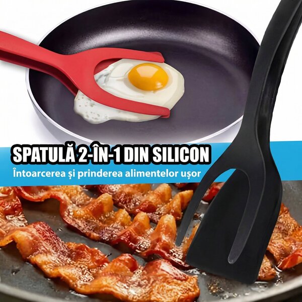 Spatulă-clește 2 în 1 pentru ouă, clătite și burgeri, cap de 12 x 8,5 cm, lungime 30,5 cm