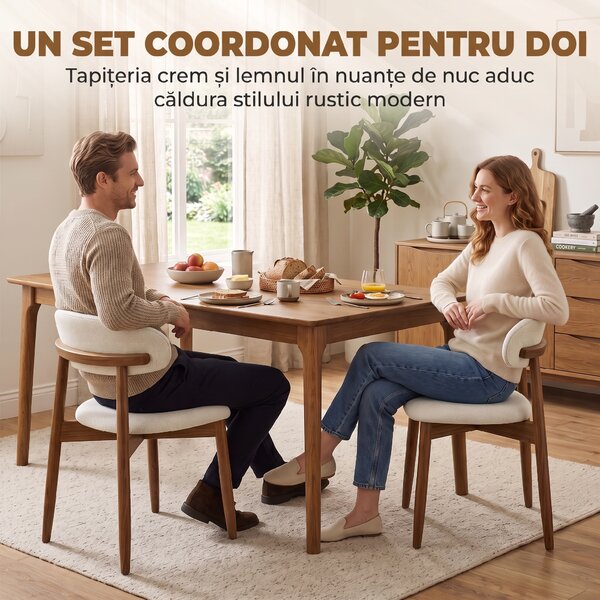 HOMCOM Set 2 scaune de dining moderne, cu spătar curbat, alb crem | Aosom Romania