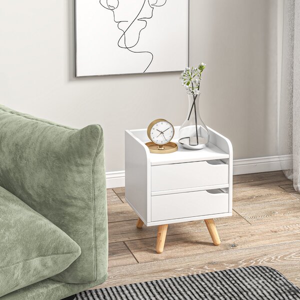 Noptiera alba cu 2 sertare extemsibilie, picioare din pin, mobila pentru casa,33x28x42cm HOMCOM | Aosom RO