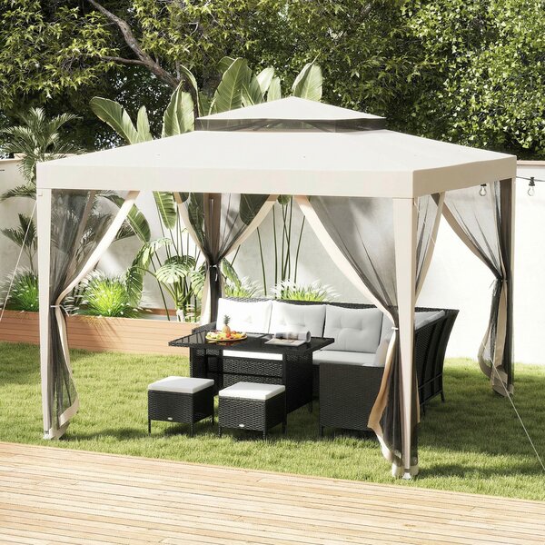 Outsunny Foisor de Gradina cu Plasa de Tantari, Foisor 3x3 m cu Acoperis Dublu si Cadru din Metal, Bej