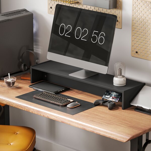 HOMCOM Suport Monitor PC până la 16 kg cu 2 Compartimente de Depozitare, 100x27x15 cm, Negru | Aosom Romania
