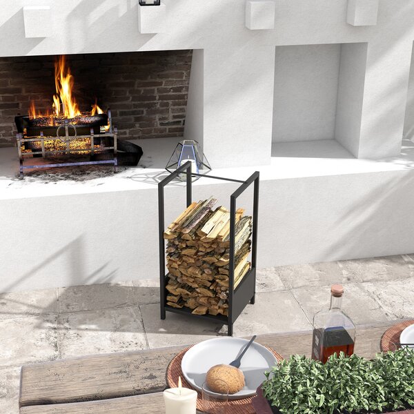 Outsunny Raft pentru Busteni pentru Exterior si Interior din Otel, Suport pentru Lemne Modern cu Baza Inaltata, 39x35x76cm, Negru | Aosom Romania