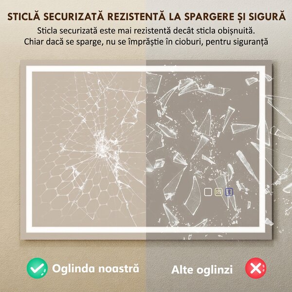 HOMCOM Oglindă Baie Antiaburire cu Lumină LED și Difuzor Bluetooth 50x70 cm | Aosom Romania