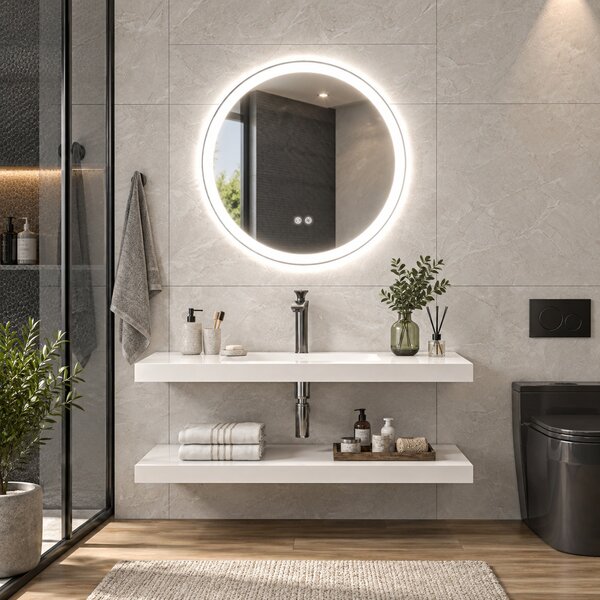 Kleankin Oglindă de baie rotundă cu LED 80 cm, 3 culori, 3000-6500K, comenzi touch, memorie, antiaburire | Aosom Romania