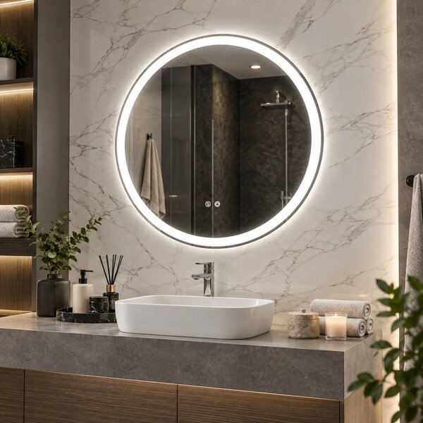 Kleankin Oglindă de baie rotundă cu LED 80 cm, 3 culori, 3000-6500K, comenzi touch, memorie, antiaburire | Aosom Romania