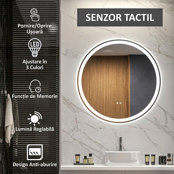 Kleankin Oglindă de baie rotundă cu LED 80 cm, 3 culori, 3000-6500K, comenzi touch, memorie, antiaburire | Aosom Romania