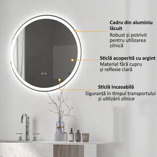 Kleankin Oglindă de baie rotundă cu LED 80 cm, 3 culori, 3000-6500K, comenzi touch, memorie, antiaburire | Aosom Romania