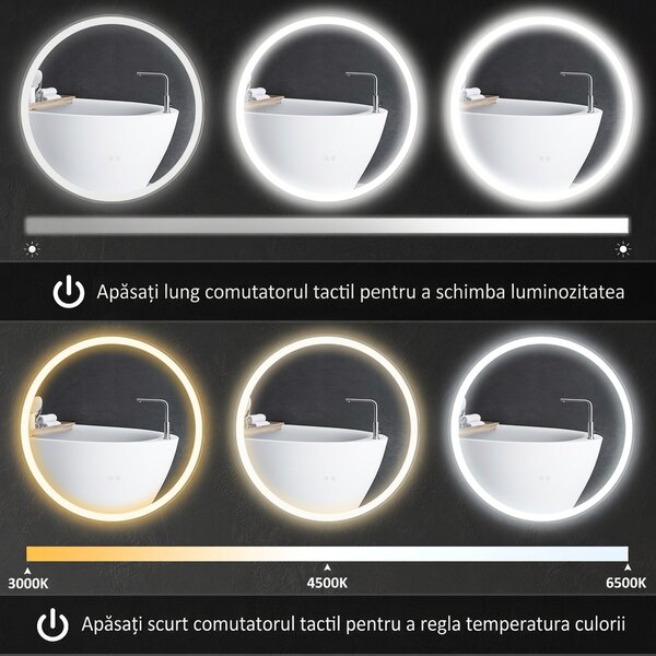 Kleankin Oglindă de baie rotundă cu LED 80 cm, 3 culori, 3000-6500K, comenzi touch, memorie, antiaburire | Aosom Romania
