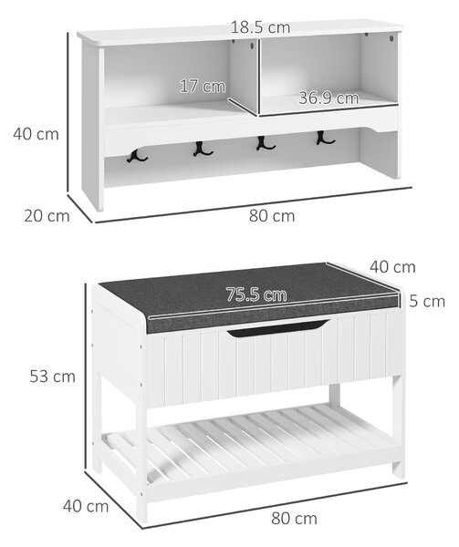 Cuier de Perete cu Banca Suport pentru Pantofi Dotata cu Cuburi de Perete, 4 Carlige si Raft Retractabil, 80x20x40 cm, Alb HOMCOM | Aosom RO