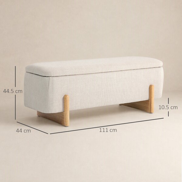 HOMCOM Banchetă cu Depozitare 111x44x44,5 cm, Șezut Tapițat, Material cu Efect de In, Picioare din Lemn, 150 kg, Crem | Aosom Romania